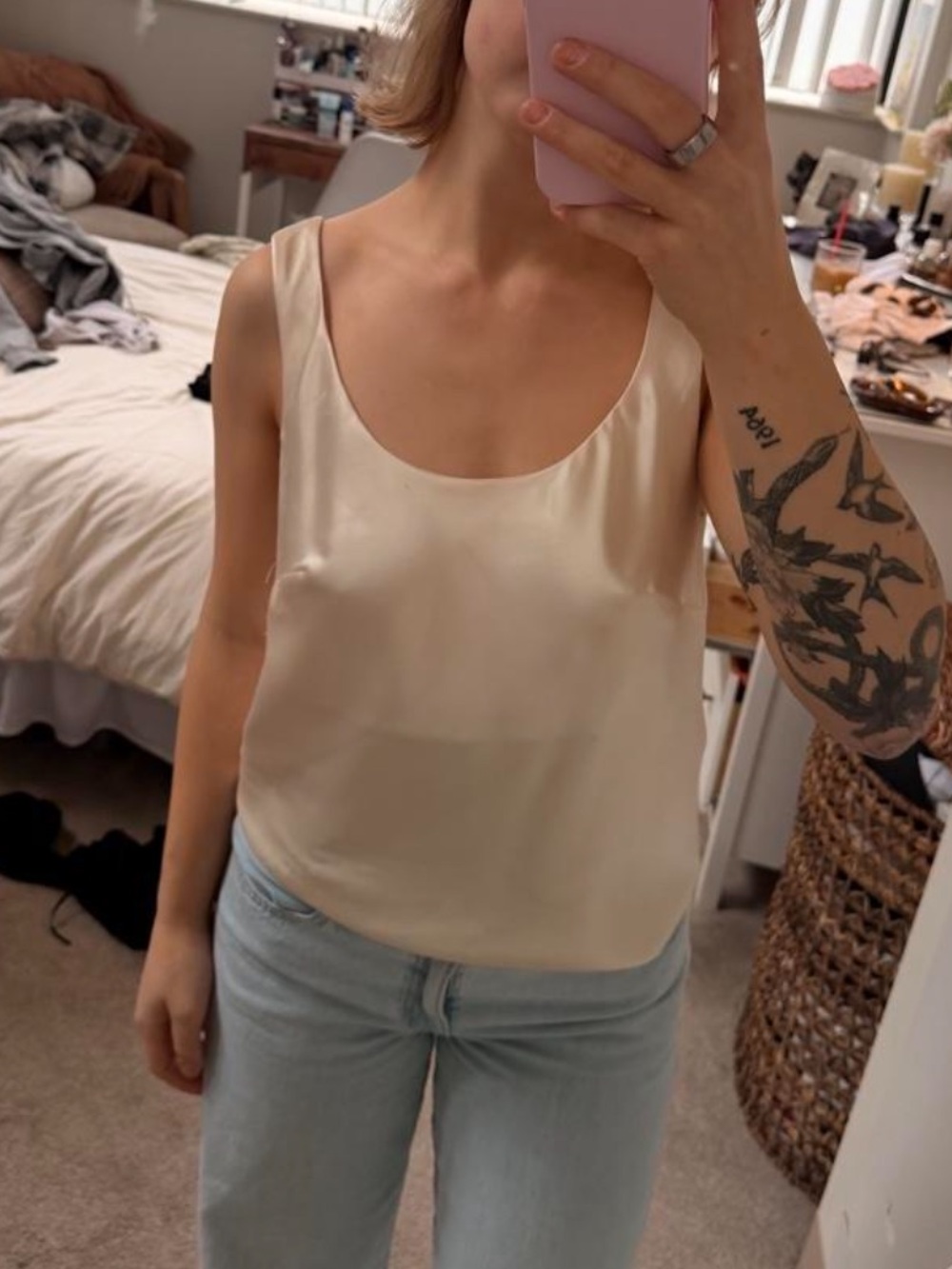 Women's Cream Satin Scoop Neck Tank